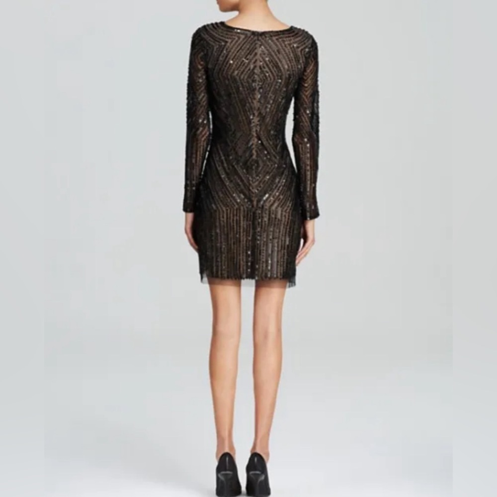 ADRIANNA PAPELL long sleeve diamond beaded black sheath cocktail dress sz 6